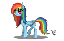 Size: 3400x2200 | Tagged: safe, artist:mcflurrylazermuffin, rainbow dash, pegasus, pony, g4, backwards cutie mark, eye clipping through hair, eyebrows, eyebrows visible through hair, female, folded wings, full body, grin, high res, mare, raised leg, shading, shadow, signature, simple background, smiling, solo, standing, tail, transparent background, wings