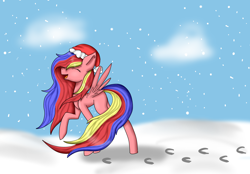 Size: 3600x2500 | Tagged: safe, artist:mintywaffle, oc, oc only, pegasus, pony, christmas, female, hat, high res, holiday, open mouth, pegasus oc, santa hat, snow, solo