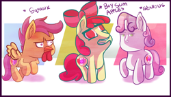 Size: 3257x1841 | Tagged: safe, artist:meepars, apple bloom, scootaloo, sweetie belle, earth pony, pegasus, pony, unicorn, g4, buy some apples, cursed image, cutie mark crusaders, faic, female, scootachicken, trio, wat, woll smoth