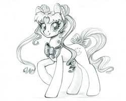 Size: 1093x870 | Tagged: safe, artist:maytee, earth pony, pony, anime, bow, monochrome, ponified, sailor moon (series), solo, tail, tail bow, traditional art, tsukino usagi