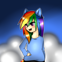Size: 2000x2000 | Tagged: safe, artist:erinisanxious, rainbow dash, human, g4, cloud, eared humanization, female, high res, humanized, open mouth, solo