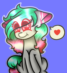 Size: 390x427 | Tagged: safe, artist:erinisanxious, oc, oc only, earth pony, pony, blue background, eye clipping through hair, female, heart, offspring, outline, parent:oc, parent:oc:starbloody, parent:pinkie pie, parents:canon x oc, pictogram, simple background