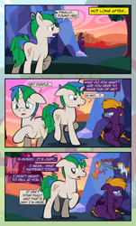 Size: 1920x3169 | Tagged: safe, artist:alexdti, oc, oc only, oc:aqua lux, oc:purple creativity, oc:star logic, oc:warm focus, pegasus, pony, unicorn, comic:quest for friendship, :t, bandage, comic, crying, dialogue, ears back, eye contact, eyes closed, female, floppy ears, folded wings, glasses, high res, hoof hold, hoof over mouth, hooves, horn, looking at each other, looking at someone, looking away, looking back, male, mare, open mouth, outdoors, pegasus oc, raised hoof, raised leg, shadow, shoulder angel, shoulder devil, sitting, speech bubble, stallion, sunset, tail, twilight's castle, two toned mane, two toned tail, unicorn oc, wall of tags, wings