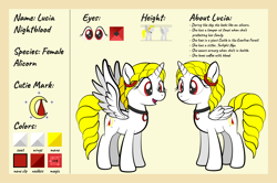 Size: 1920x1275 | Tagged: safe, artist:alexdti, oc, oc only, oc:lucia nightblood, alicorn, pony, alicorn oc, female, folded wings, full body, hooves, horn, mare, open mouth, open smile, reference sheet, smiling, solo, spread wings, standing, tail, wings