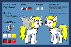 Size: 1920x1275 | Tagged: safe, artist:alexdti, oc, oc only, oc:lucia nightblood, alicorn, bat pony, bat pony alicorn, pony, bat pony oc, bat wings, ear fluff, ear tufts, fangs, female, folded wings, full body, hooves, horn, mare, offspring, open mouth, open smile, parent:king sombra, parent:princess luna, parents:lumbra, reference sheet, smiling, solo, spread wings, standing, tail, wings
