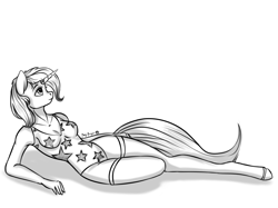 Size: 2398x1798 | Tagged: safe, artist:max_torreto, trixie, unicorn, anthro, unguligrade anthro, g4, breasts, clothes, female, lying down, monochrome, one-piece swimsuit, solo, swimsuit