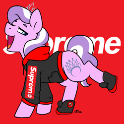 Size: 1000x1000 | Tagged: safe, artist:/d/non, diamond tiara, earth pony, pony, g4, clothes, februpony, female, filly, foal, hoodie, jewelry, lifted leg, lululemon, open mouth, red background, shoes, simple background, solo, supreme, tiara