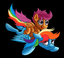 Size: 901x819 | Tagged: safe, artist:inurantchan, rainbow dash, scootaloo, pegasus, pony, g4, black background, female, filly, flying, foal, riding a pony, scootaloo riding rainbow dash, simple background