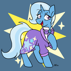 Size: 1000x1000 | Tagged: safe, artist:/d/non, trixie, pony, unicorn, g4, alternate hairstyle, bowtie, clothes, counselor trixie, februpony, female, mare, older, older trixie, open mouth, open smile, raised hoof, smiling, solo