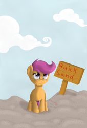 Size: 839x1236 | Tagged: safe, artist:inurantchan, scootaloo, pegasus, pony, g4, female, filly, foal, quicksand, sign, solo