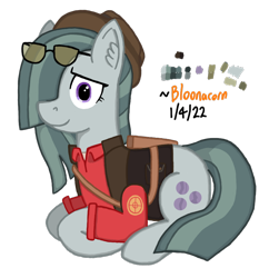 Size: 872x902 | Tagged: safe, artist:bloonacorn, marble pie, earth pony, pony, g4, /mlp/ tf2 general, clothes, glasses, hat, quiver, simple background, sniper, sniper (tf2), solo, team fortress 2, transparent background