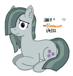 Size: 872x902 | Tagged: safe, artist:bloonacorn, marble pie, earth pony, pony, g4, /mlp/ tf2 general, ear fluff, female, full body, hair over one eye, hooves, lying, lying down, mare, ponyloaf, prone, signature, simple background, smiling, solo, tail, transparent background