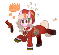Size: 1400x1300 | Tagged: safe, artist:bloonacorn, oc, oc only, oc:bloona blazes, pony, unicorn, /mlp/ tf2 general, clothes, clover, flare gun, four leaf clover, hat, horn, looking at you, magic, simple background, smiling, smiling at you, solo, team fortress 2, telekinesis, transparent background, unicorn oc