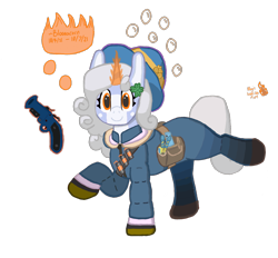 Size: 1400x1300 | Tagged: safe, artist:bloonacorn, oc, oc only, oc:bloona blazes, pony, unicorn, /mlp/ tf2 general, clover, flare gun, four leaf clover, hat, horn, looking at you, magic, simple background, smiling, smiling at you, solo, team fortress 2, telekinesis, transparent background, unicorn oc