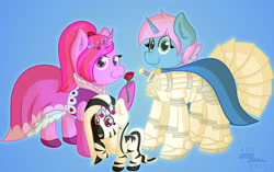 Size: 1024x645 | Tagged: safe, artist:exobass, oc, pony, unicorn, zebra, fallout equestria, armor, bow, cape, clothes, diadem, dress, flower, horn, looking at you, power armor, rose, unicorn oc, zebra oc