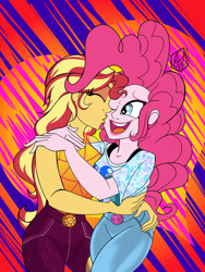 Size: 774x1032 | Tagged: safe, artist:dncsamsonart, pinkie pie, sunset shimmer, equestria girls, g4, cheek kiss, duo, duo female, female, holiday, kissing, lesbian, ship:sunsetpie, shipping, valentine's day