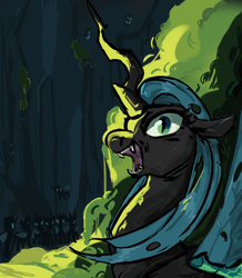 Size: 2090x2400 | Tagged: safe, artist:megalura, queen chrysalis, changeling, changeling queen, g4, changeling hive, female, high res, laughing, solo focus