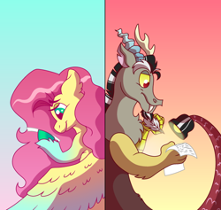 Size: 640x607 | Tagged: safe, artist:neon-night, discord, fluttershy, draconequus, pegasus, pony, g4, alternate design, implied discoshy, implied shipping, implied straight, letter, light, paper, reading, sunlight