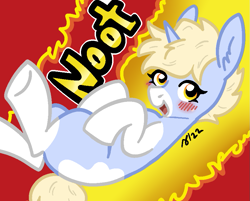 Size: 901x724 | Tagged: safe, artist:/d/non, oc, oc only, oc:nootaz, pony, unicorn, blonde hair, blushing, cheetos, coat markings, februpony, female, mare, open mouth, socks (coat markings), solo