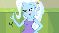 Size: 1280x720 | Tagged: safe, artist:flutteryaylove, edit, edited screencap, screencap, trixie, equestria girls, equestria girls specials, g4, my little pony equestria girls: better together, my little pony equestria girls: forgotten friendship, breasts, busty trixie, cleavage, clothes, dress, female, smiling, solo, tank top