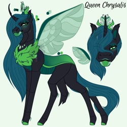 Size: 2000x2000 | Tagged: safe, artist:teonnakatztkgs, queen chrysalis, changeling, changeling queen, g4, bio in description, bust, chest fluff, colored hooves, curved horn, female, floating wings, hair over one eye, high res, horn, redesign, solo, wings