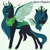 Size: 2000x2000 | Tagged: safe, artist:teonnakatztkgs, queen chrysalis, changeling, changeling queen, g4, bio in description, bust, chest fluff, colored hooves, curved horn, female, floating wings, hair over one eye, high res, horn, redesign, solo, wings