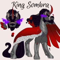 Size: 2000x2000 | Tagged: safe, artist:teonnakatztkgs, king sombra, alicorn, pony, g4, alicornified, bio in description, bust, cloak, clothes, curved horn, floating wings, high res, horn, male, race swap, scar, solo, stallion, wings