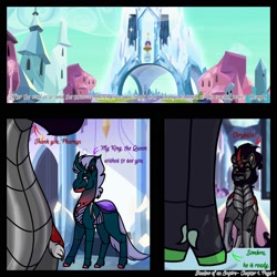 Size: 2000x2000 | Tagged: safe, artist:teonnakatztkgs, king sombra, pharynx, queen chrysalis, changedling, changeling, pony, g4, comic, crystal empire, dialogue, high res, male, outdoors, prince pharynx, stallion