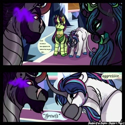 Size: 2000x2000 | Tagged: safe, artist:teonnakatztkgs, king sombra, queen chrysalis, shining armor, changedling, changeling, changeling queen, pony, unicorn, g4, bowing, comic, curved horn, dialogue, female, high res, horn, male, scar, sombra eyes, stallion