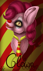 Size: 1910x3138 | Tagged: safe, artist:maneblue, pinkie pie, earth pony, pony, g4, abstract background, bust, clown, ear fluff, female, lipstick, mare, necktie, paw prints, sharp teeth, solo, teeth