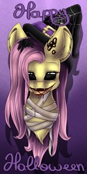Size: 1741x3445 | Tagged: safe, artist:maneblue, fluttershy, pegasus, pony, g4, 2017, bandage, black sclera, blood, bust, ear fluff, female, gradient background, halloween, happy halloween, hat, holiday, mare, solo, witch hat