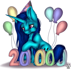 Size: 2490x2409 | Tagged: safe, artist:maneblue, oc, pony, unicorn, balloon, ear fluff, female, hat, high res, horn, mare, milestone, party hat, paw prints, simple background, solo, transparent background, unicorn oc