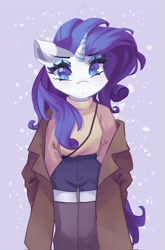 Size: 1355x2048 | Tagged: safe, artist:saxopi, rarity, anthro, g4, :<, blue eyes, clothes, eyebrows, eyebrows visible through hair, eyelashes, eyeshadow, female, hand in pocket, horn, leggings, looking at you, makeup, messy mane, no pupils, shorts, socks, solo, stockings, thigh highs, trenchcoat