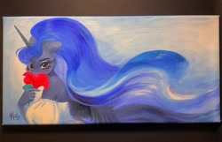 Size: 2048x1320 | Tagged: safe, artist:katputze, princess luna, alicorn, anthro, g4, acrylic painting, bare shoulders, clothes, dress, female, flower, looking at you, mare, off shoulder, photo, solo, traditional art, windswept mane