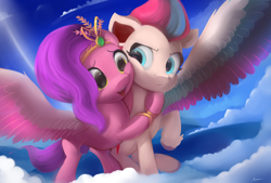 Size: 4292x2900 | Tagged: safe, artist:auroriia, pipp petals, zipp storm, pegasus, pony, g5, my little pony: a new generation, adorapipp, adorazipp, cheek to cheek, circlet, cloud, colored hooves, colored wings, cute, duo, duo female, eyebrows, female, high res, hoof around neck, hooves, hug, looking at someone, looking sideways, mare, multicolored wings, on a cloud, one wing out, open mouth, open smile, outdoors, raised hoof, royal sisters (g5), siblings, signature, sisters, sitting, sky, smiling, spread wings, squishy cheeks, three quarter view, unshorn fetlocks, varying degrees of amusement, wings