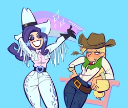 Size: 1944x1651 | Tagged: safe, artist:polochka_art, applejack, rarity, human, g4, belt, belt buckle, clothes, costume, cowboy hat, cowgirl, cowgirl outfit, duo, eyes closed, eyeshadow, gloves, grin, hat, humanized, jeans, lipstick, makeup, pants, purple eyeshadow, purple lipstick, smiling, sparkles, stetson, straw in mouth, unamused, western, wide hips