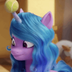 Size: 350x350 | Tagged: safe, screencap, izzy moonbow, pony, unicorn, g5, my little pony: a new generation, spoiler:my little pony: a new generation, animated, ball, cropped, cute, female, gif, horn, hornball, izzy's tennis ball, izzybetes, mare, nodding, open mouth, open smile, smiling, tennis ball