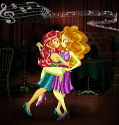 Size: 2196x2320 | Tagged: safe, artist:ponymaan, adagio dazzle, sunset shimmer, equestria girls, g4, backless, bare shoulders, dancing, duo, female, high heels, high res, lesbian, music notes, ship:sunsagio, shipping, shoes, sleeveless, tango