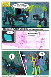 Size: 1181x1794 | Tagged: safe, artist:pony-berserker, queen chrysalis, starlight glimmer, thorax, changedling, changeling, changeling queen, pony, unicorn, g4, to where and back again, ..., adventure in the comments, changeling drama, comic, crying, debate in the comments, dialogue, exclamation point, female, i can't believe it's not idw, king thorax, mouthpiece, speech bubble