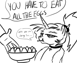 Size: 1000x820 | Tagged: safe, artist:velgarn, oc, oc only, oc:dyx, alicorn, human, pony, 4chan, bathrobe, black and white, bowl, choker, cigarette, clothes, egg (food), food, grayscale, lidded eyes, meme, monochrome, offscreen character, older dyx, robe, scrunchy face, simple background, smoking, this will end in colic, white background, you have to eat all the eggs