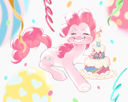 Size: 1054x839 | Tagged: safe, artist:eopo, pinkie pie, earth pony, pony, g4, abstract background, cake, candle, cheek bulge, confetti, cutie mark, eating, eyes closed, female, food, grin, mare, ribbon, smiling, solo, tail, teeth