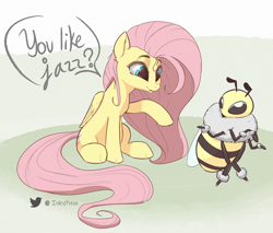 Size: 1500x1277 | Tagged: safe, artist:inkypuso, fluttershy, bee, insect, pegasus, pony, g4, bee movie, dreamworks, giant insect, meme, sitting, ya like jazz?