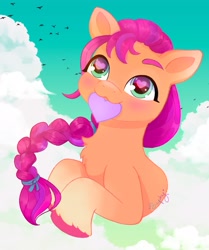 Size: 2203x2638 | Tagged: safe, artist:saphypone, sunny starscout, earth pony, pony, g5, my little pony: a new generation, :3, coat markings, cute, heart, heart eyes, high res, mouth hold, open mouth, sky background, socks (coat markings), solo, sunnybetes, unshorn fetlocks, wingding eyes