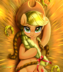 Size: 1982x2270 | Tagged: safe, artist:darksly, applejack, earth pony, pony, g4, alternate hairstyle, applejack's hat, belly button, body pillow, braid, cowboy hat, cute, female, freckles, hat, hay, horseshoes, jackabetes, mare, rope, solo