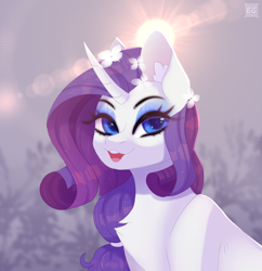 Size: 2092x2160 | Tagged: safe, artist:elektra-gertly, rarity, pony, unicorn, g4, alternate hairstyle, chest fluff, flower, flower in hair, happy, high res, open mouth, solo