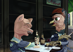 Size: 2700x1929 | Tagged: safe, artist:aaronmk, griffon, equestria at war mod, alcohol, amputee, aquelia, bottle, bread, cafe, clothes, digital painting, food, glasses, hat, male, sandwich, smoking, stallion, table, uniform, wine