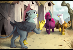 Size: 4100x2800 | Tagged: safe, artist:nsfwbonbon, fizzlepop berrytwist, gabby, gilda, tempest shadow, griffon, pony, unicorn, g4, belly, big belly, butt, female, griffonstone, huge belly, impossibly large belly, letterboxing, mare, plot, pregest shadow, pregnant, waving