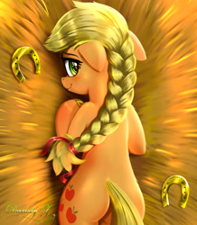 Size: 1915x2193 | Tagged: safe, artist:darksly, applejack, earth pony, pony, g4, alternate hairstyle, blushing, body pillow, braid, butt, cute, female, floppy ears, hay, horseshoes, jackabetes, looking at you, mare, plot, solo