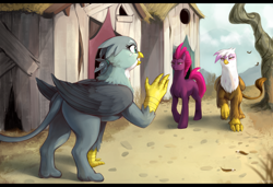 Size: 4100x2800 | Tagged: safe, artist:nsfwbonbon, edit, fizzlepop berrytwist, gabby, gilda, tempest shadow, griffon, pony, unicorn, g4, butt, claws, griffonstone, letterboxing, plot, tail, waving, wings