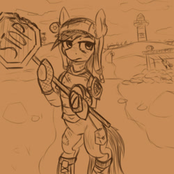 Size: 777x777 | Tagged: safe, artist:zebra, oc, oc only, pony, fallout equestria, armor, bipedal, boots, clothes, fence, flashlight (object), gloves, guard tower, gun, hat, hoof hold, lighthouse, looking at you, machine gun, pants, patch, road sign, sandbags, shoes, solo, stop sign, wall, watch tower, weapon